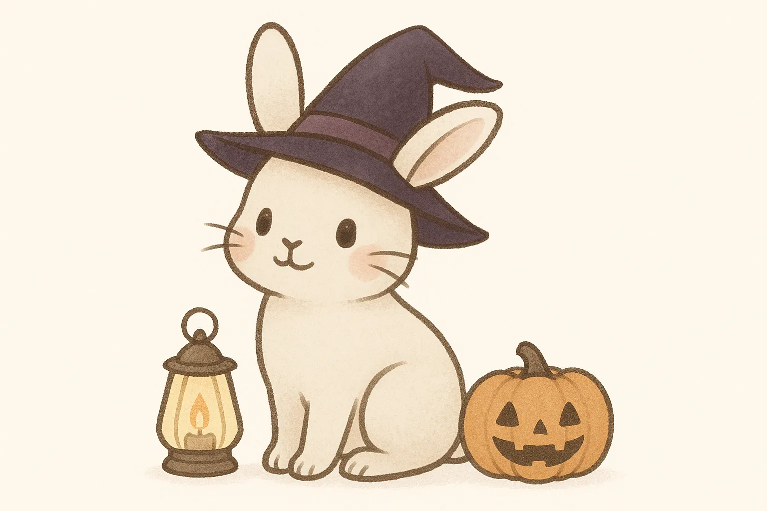 ハロウィンキャラクター／うさぎ魔女とランタン｜魔女帽子をかぶったうさぎが、カボチャとランタンとともに座る構図。淡いベージュ調の色合いが温かく、落ち着いた癒し系のハロウィン演出にぴったりです。