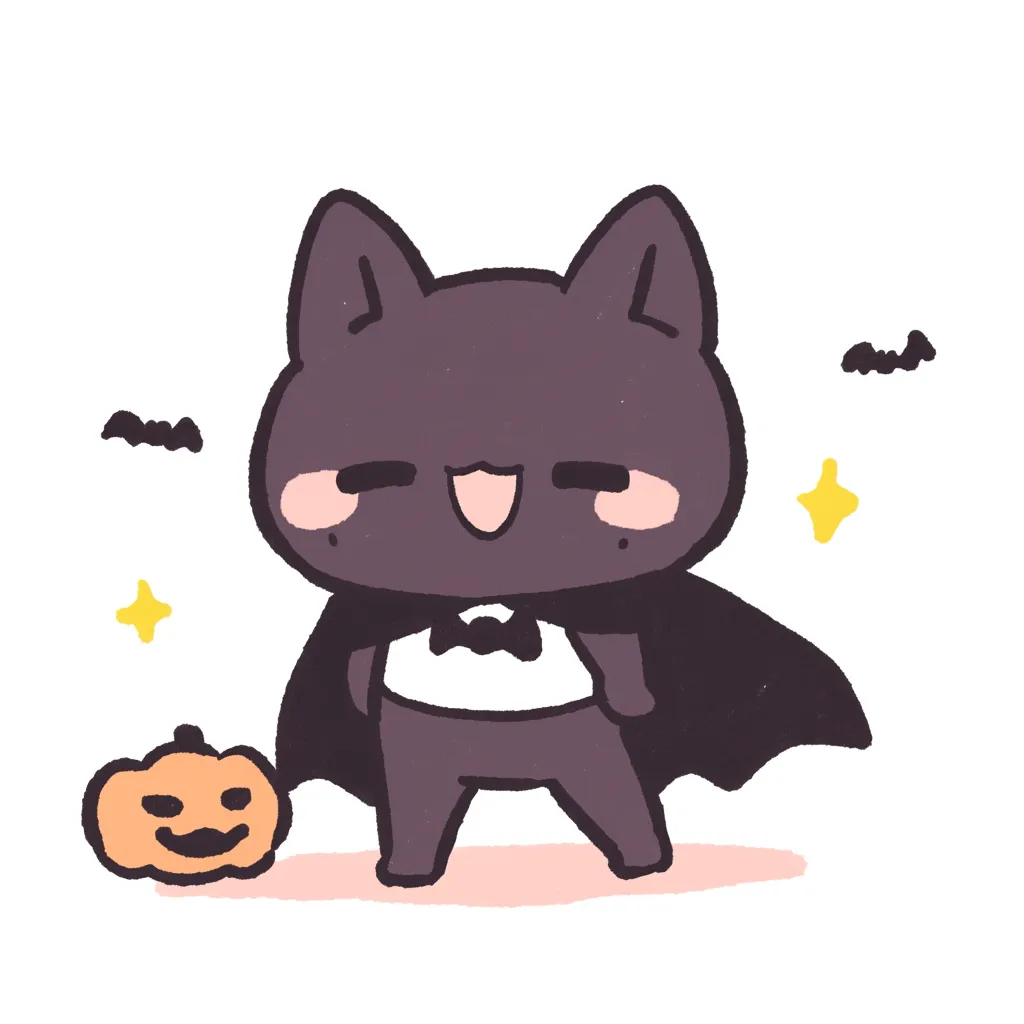 ハロウィンキャラクター／吸血鬼ねことうれし顔｜吸血鬼に仮装したねこが笑顔で立っているキュートなイラスト。シンプルな線とビビッドな色が、ポップで元気なハロウィン感を引き立てます。