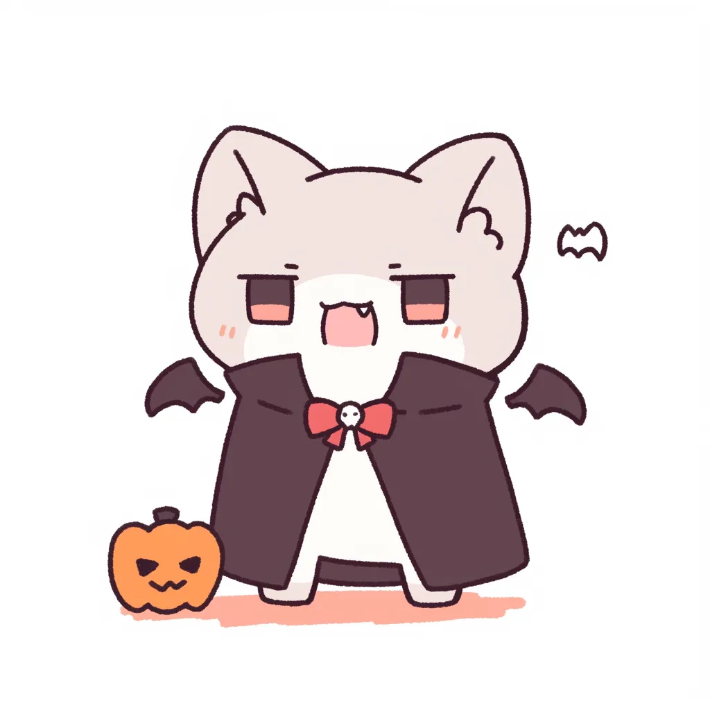 ハロウィンキャラクター／ドラキュラ風ねこの仮装｜マントを羽織り、キバを見せたねこが堂々と立つ構図。赤い目や小さなこうもりの演出が、可愛いながらも少しだけミステリアスな印象を添えています。