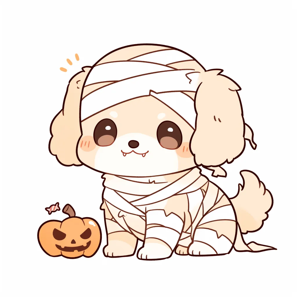 ハロウィンキャラクター／ミイラ犬の仮装スタイル｜包帯姿の犬が小さなカボチャと並ぶ可愛い1枚。明るい表情とやわらかな配色で、こわさを抑えたやさしいハロウィンの雰囲気が伝わってきます。