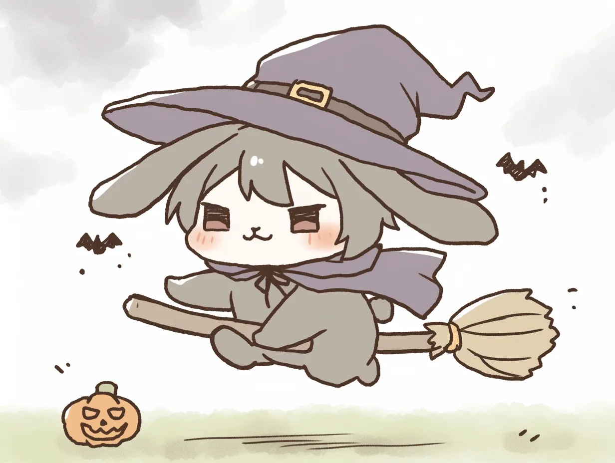 ハロウィンキャラクター／ほうきに乗る魔女うさぎ｜魔女帽をかぶったうさぎがほうきに乗って空を飛ぶ場面。ラフな線とくすみカラーで描かれた、ふんわりとしたタッチが魅力の癒し系イラストです。