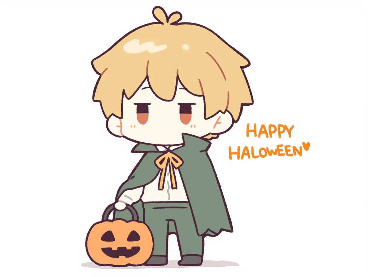 ハロウィンキャラクター／マント姿の男の子とカボチャ｜マントを着た男の子がジャック・オー・ランタンを手に立つ姿が可愛らしい構図。淡いトーンとゆるいデフォルメで、優しく親しみやすいキャラ表現になっています。