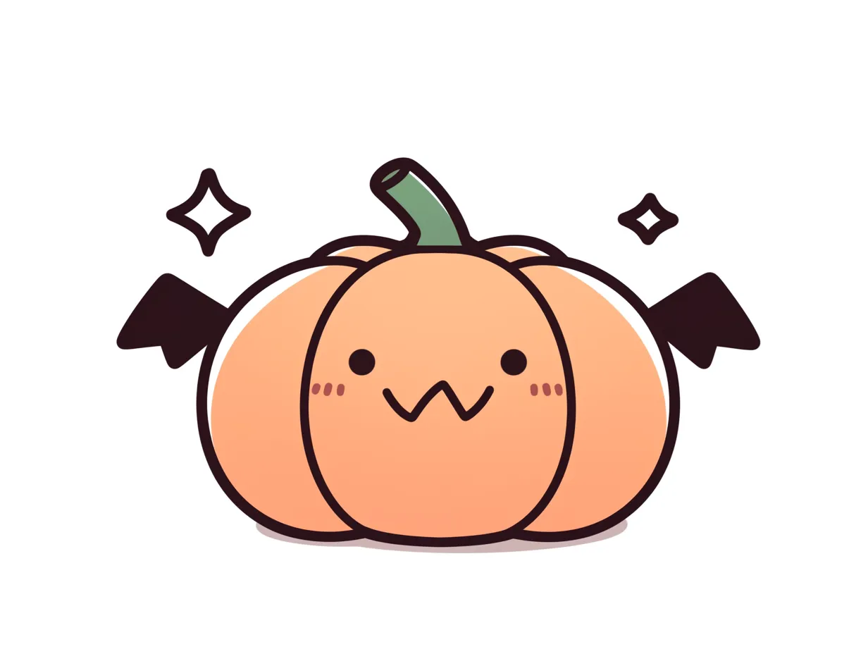 ハロウィンかぼちゃ／コウモリ羽の笑顔｜小さなコウモリの羽が生えたかぼちゃがニッコリ微笑むキュートなデザイン。全体が丸くまとまり、優しい色味でファンシーな雰囲気に。