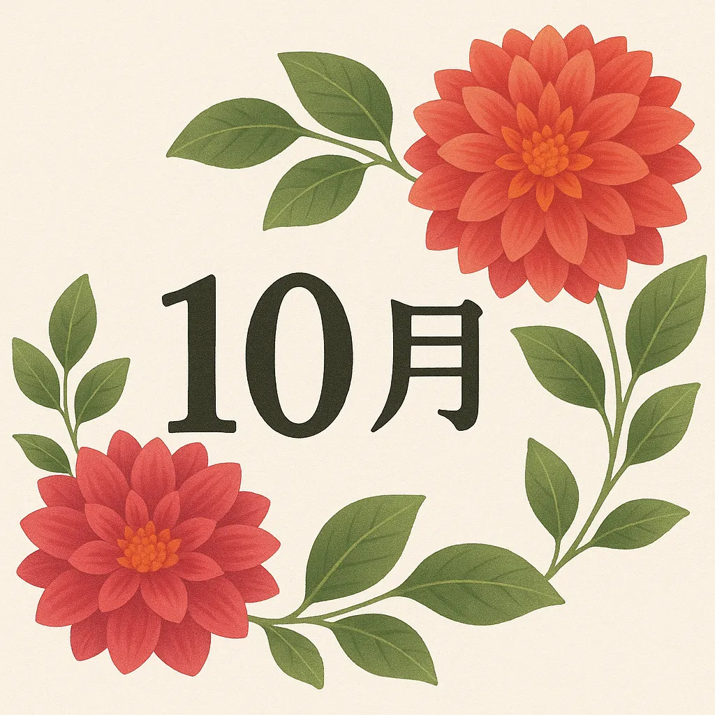 10月花・ダリアが彩る華やぎの秋｜深紅のダリアが左右に大きく咲き誇る、上品で豪華な印象の10月イラスト。濃淡の花びらが丁寧に描かれ、気品ある秋の華やぎを演出します。