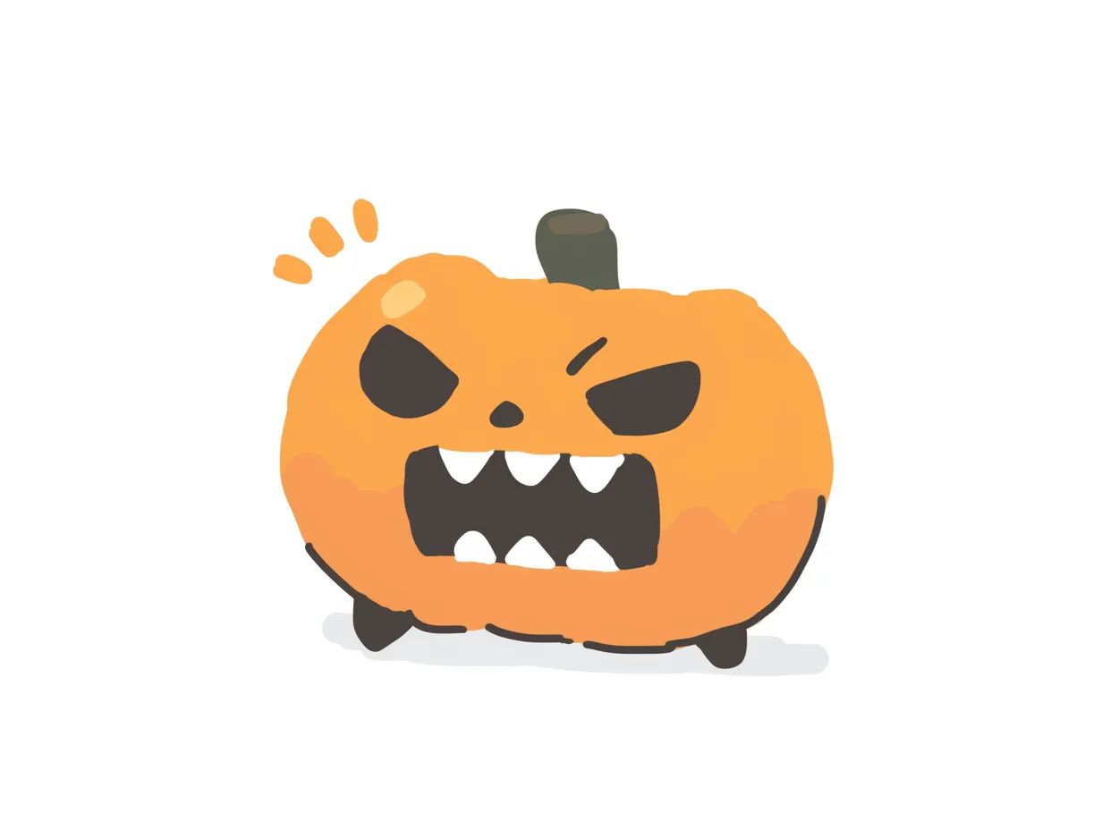 ハロウィンかぼちゃ／ギザ歯の怒りフェイス｜大きく開いた口に並ぶ白いギザ歯と吊り上がった目で怒りを表現。ざっくりした塗りと歪んだフォルムがユーモラスな迫力に。