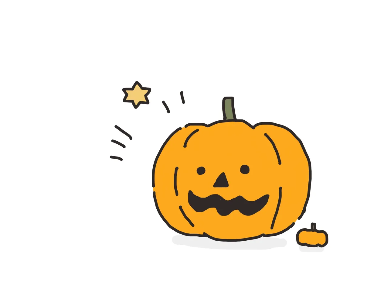 ハロウィンかぼちゃ／おっとり波口ジャック｜手描き風の黒線で描かれた波型の口と点目が特徴。シンプルな構成ながら親しみやすく、子ども向けのやさしい雰囲気に仕上がっています。