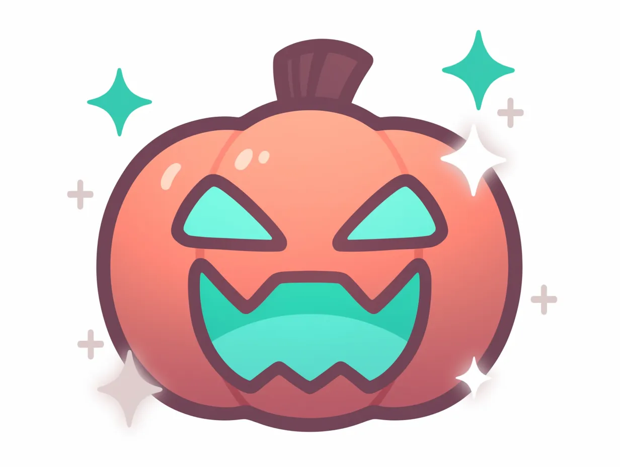 ハロウィンかぼちゃ／光る青緑フェイス｜目と口が青緑に輝くように描かれたシャープなジャック顔。立体感とツヤ感を加えた演出でクールかつ幻想的な仕上がりに。