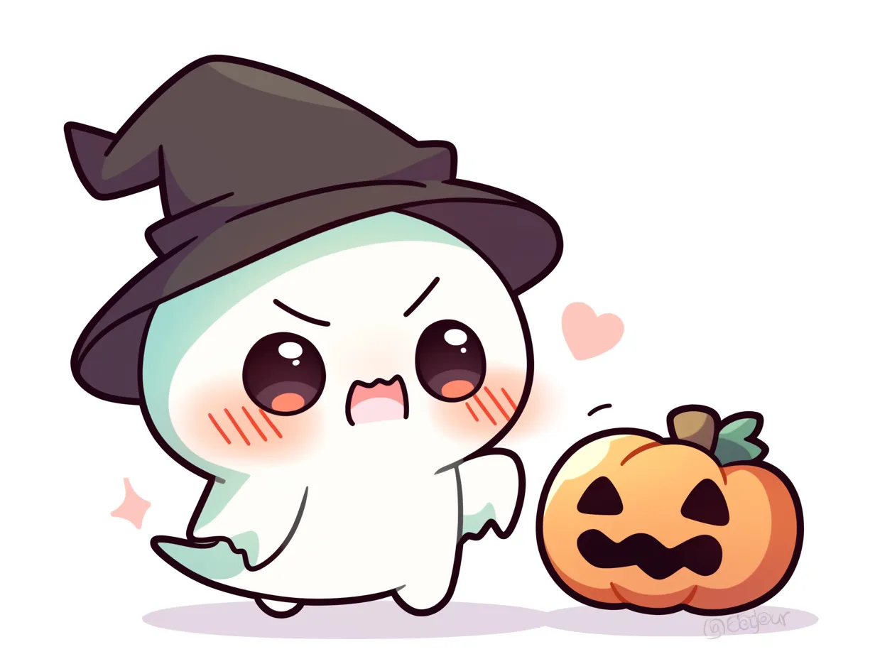 ハロウィンおばけ／魔女帽子で怒るまるおばけ｜つぶらな瞳と赤いほっぺがキュートなまるっこいおばけ。怒った顔ながら愛嬌たっぷりで、やさしいタッチとシンプルな構図がほっこり癒しを与える可愛い系デザインです。