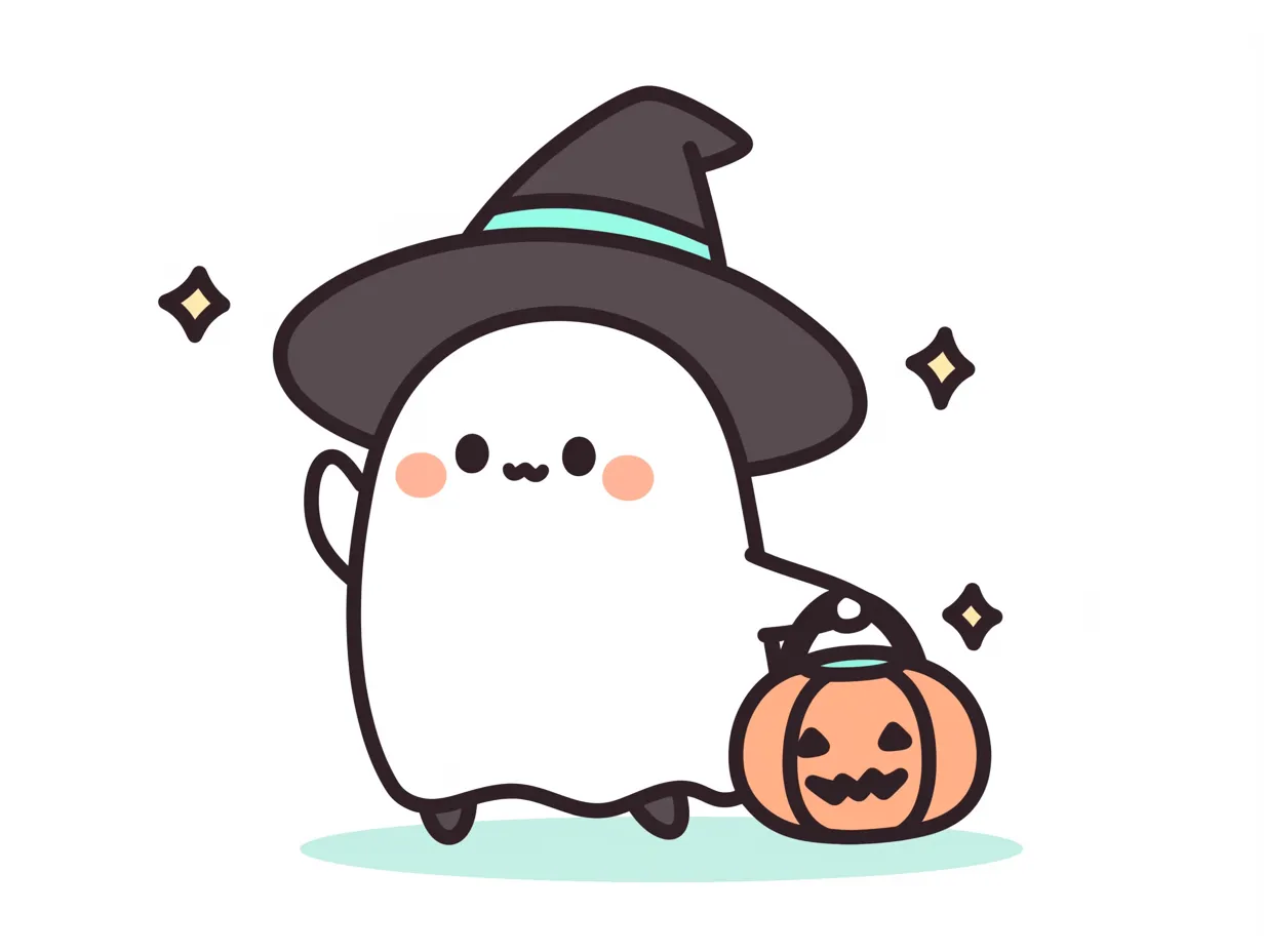 ハロウィンおばけ／手を上げるとってもシンプル系｜最小限の線で表現されたミニマルなおばけキャラ。やさしい色合いと素朴なデザインで、誰でも親しみやすいやさしいハロウィンの雰囲気を演出します。