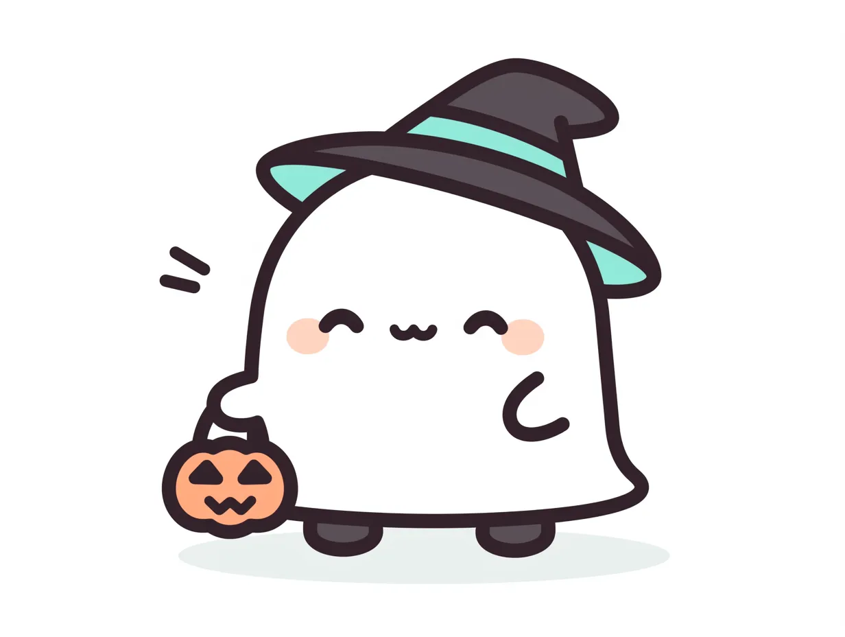 ハロウィンおばけ／にっこりおばけのトリック｜ころんとした体型のシンプルなおばけがにこやかに微笑む姿。手描き感を残した線と淡い色合いで、ナチュラルで落ち着いたかわいさを感じさせます。