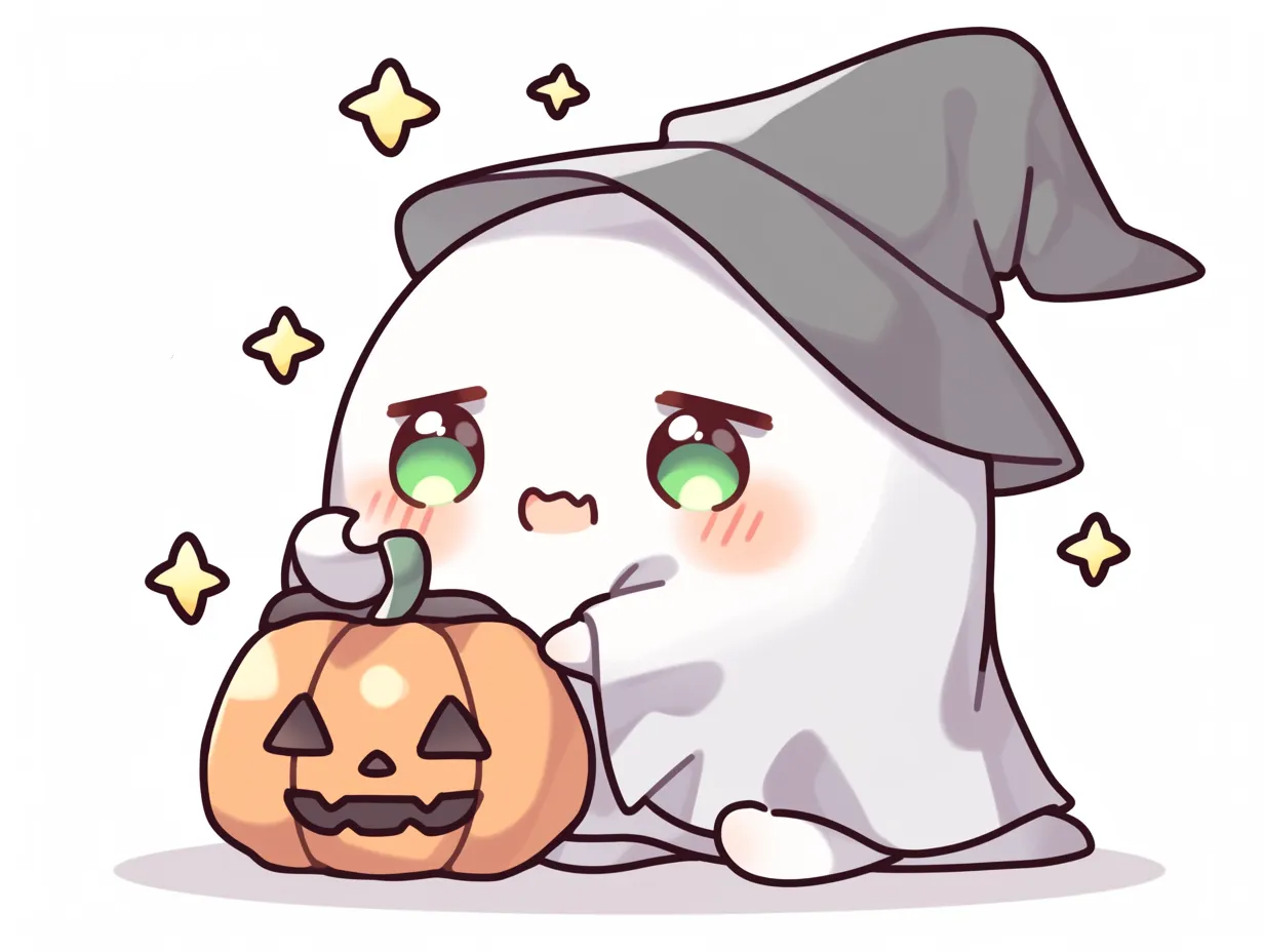 ハロウィンおばけ／おすわり魔女風まるおばけ｜大きなグリーンの瞳とぴたっと座った姿が愛らしいおばけ。ハロウィンカラーでまとめられたパレットと表情が、感情豊かでぬいぐるみのような愛嬌を演出します。