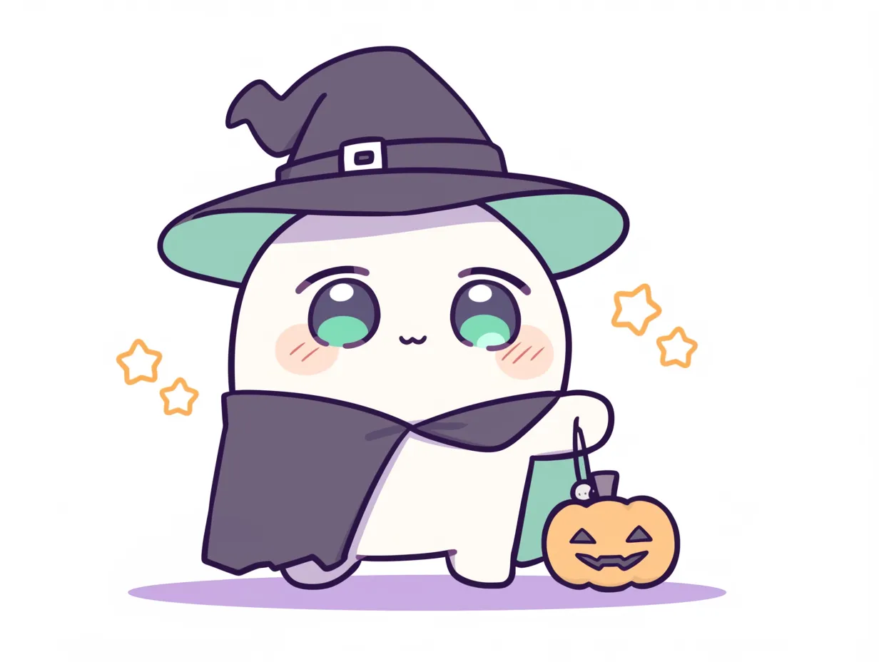 ハロウィンおばけ／マント姿でキメるぷにおばけ｜紫のマントと帽子で仮装したぷにっとしたおばけが主役。すっきりした線と優しいパステル調の配色が、可愛くもきちんと感のあるハロウィン演出にぴったりです。