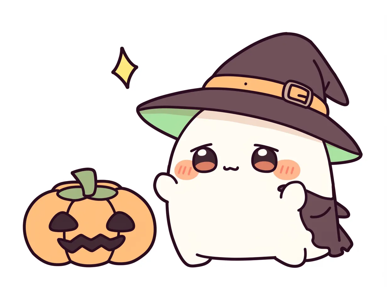 ハロウィンおばけ／かぼちゃの横で見つめるおばけ｜カボチャと並ぶ表情豊かなおばけが、控えめながらも存在感ある構図で登場。ぬいぐるみ風の質感としっかりした輪郭線で、安心感のある可愛さが際立ちます。