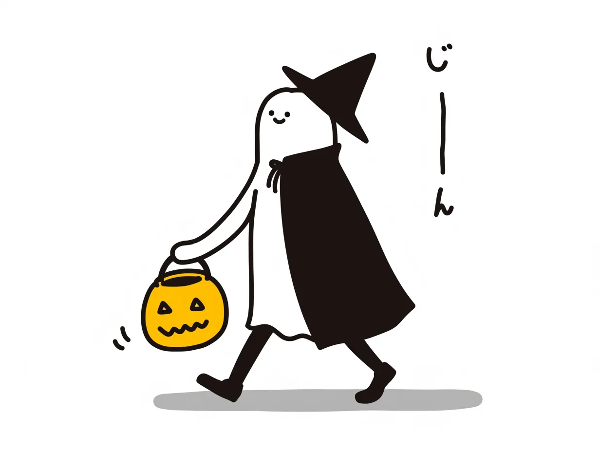 ハロウィンおばけ／カボチャ持ってお散歩おばけ｜黒マントと三角帽子をまとったおばけが、ハロウィンかごを持って歩く姿。線画中心のミニマルスタイルながらも、遊び心ある表情がにじむゆるかわ系の仕上がりです。