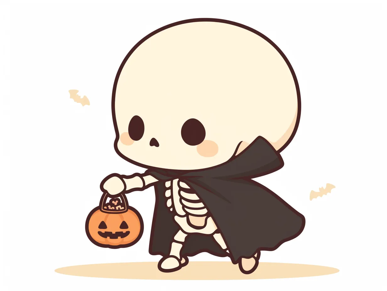 ハロウィンガイコツ／かぼちゃ持って歩く子ガイコツ｜まんまる頭と小さな体がキュートなガイコツキャラ。カボチャバケツを手に歩くポーズと黒マントがハロウィンらしい元気さを演出し、線も色も優しく温かい印象です。