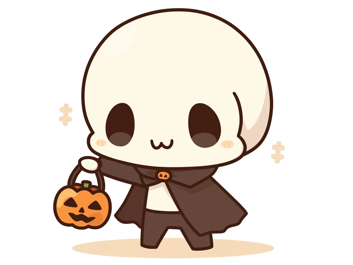ハロウィンガイコツ／にっこりポーズのゆるガイコツ｜ぽてっとしたシルエットのガイコツが、楽しげにカボチャを掲げる姿が魅力。表情も仕草もゆるく、丸みのある線と優しいカラーで安心感のある仕上がりです。