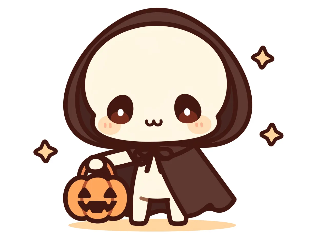 ハロウィンガイコツ／星に囲まれたマントのガイコツ｜大きなフードマント姿で、ほほ笑むガイコツが星の装飾に囲まれた構図。デフォルメ感と柔らかな配色で、可愛らしくもハロウィンらしい空気が漂います。