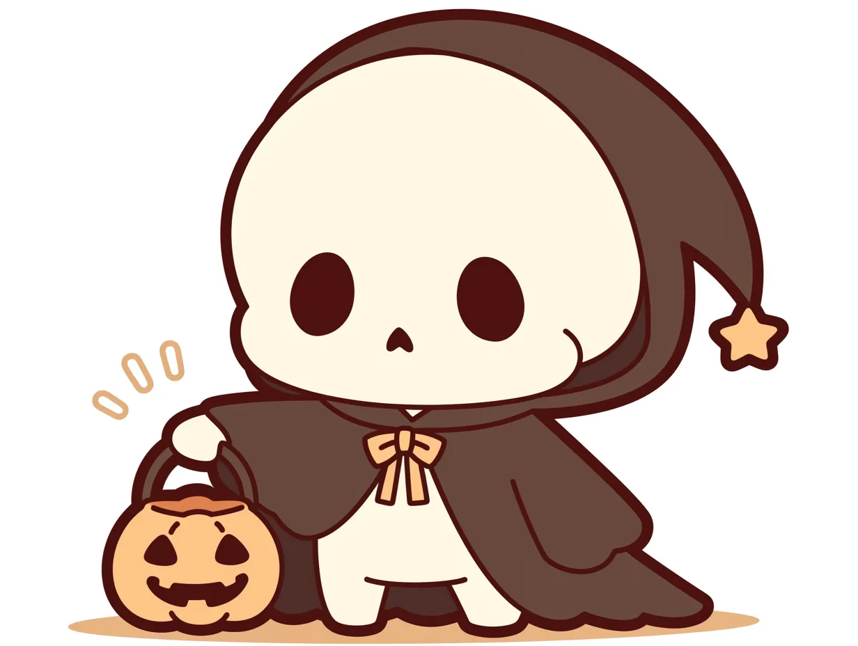ハロウィンガイコツ／星つき帽子のゆるガイコツ｜星飾りつきのとんがり帽子がチャームポイントのガイコツ。落ち着いた色調とあどけない表情が組み合わさり、ほんのりファンタジー感のある仕上がりになっています。