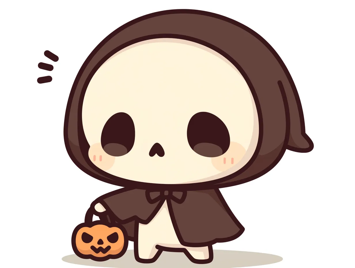 ハロウィンガイコツ／ふわっと帽子のちびガイコツ｜ちょこんとした体と大きなフードで、全体のバランスが愛らしいガイコツ。やさしい線とソフトなカラーリングで、見ているだけで癒されるほっこり系デザインです。