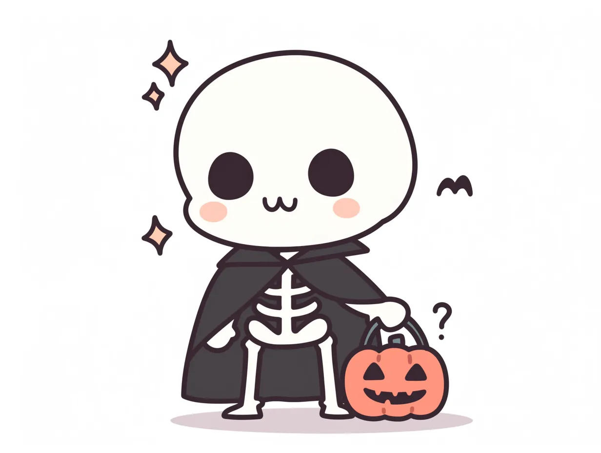 ハロウィンガイコツ／ちょっと不思議顔のガイコツ｜すっきりした線とシンプルな塗りで描かれたガイコツが、かぼちゃバケツと「？」を浮かべたユニークな表情に。ミニマルで遊び心ある仕上がりです。