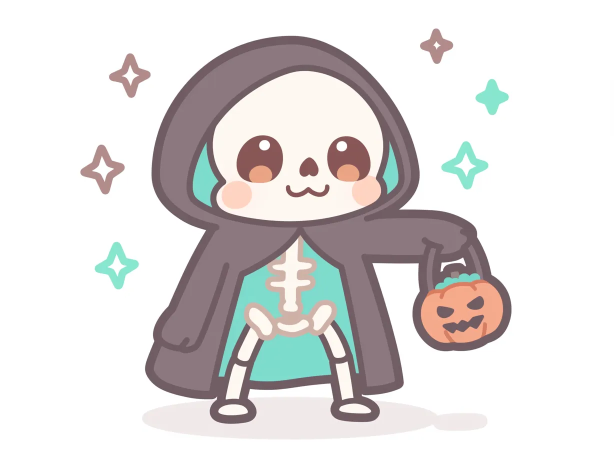 ハロウィンガイコツ／フードつき衣装のにこにこガイコツ｜水色インナーのマント衣装がさわやかな印象のガイコツ。デフォルメ調の顔と柔らかな色彩で、元気でやさしい雰囲気に仕上がったキャラクターデザインです。