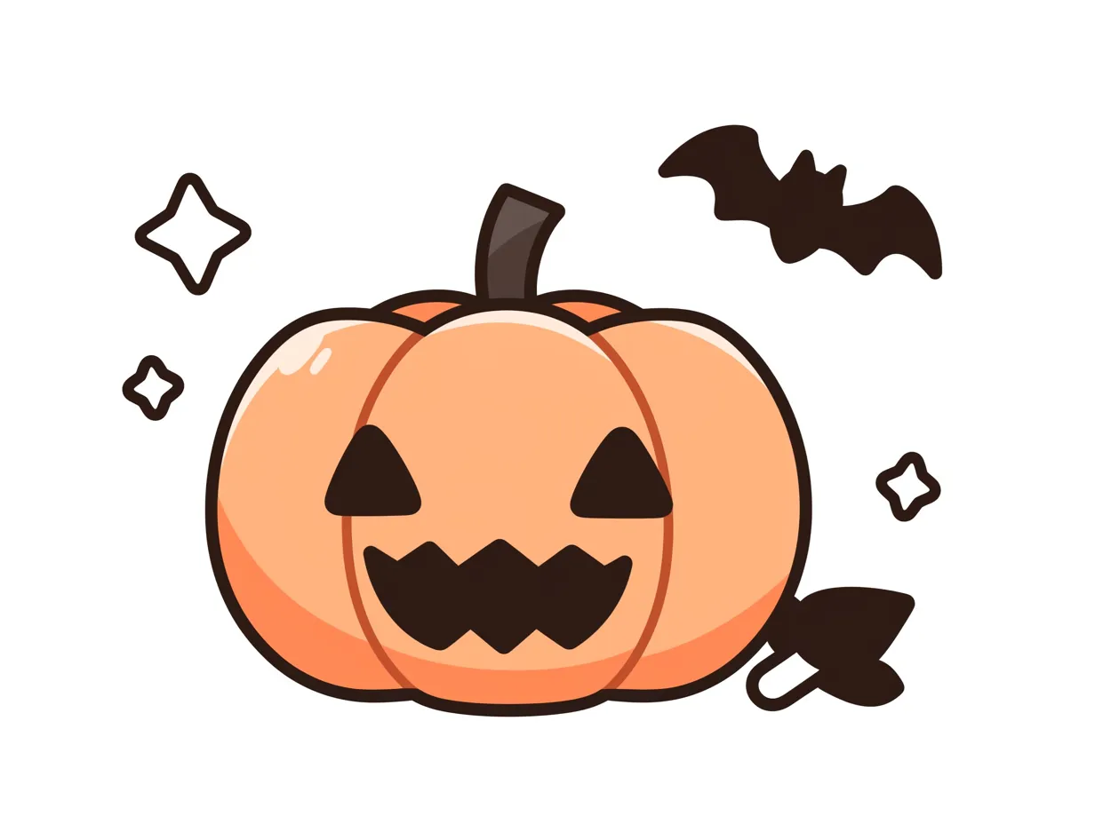 ハロウィン ジャック・オー・ランタン／こうもりと元気スマイル｜こうもりやキラキラが賑やかに舞う中、三角目とギザ歯のにこやかなかぼちゃが元気に登場。はっきりした輪郭と鮮やか色でポップに仕上がっています。