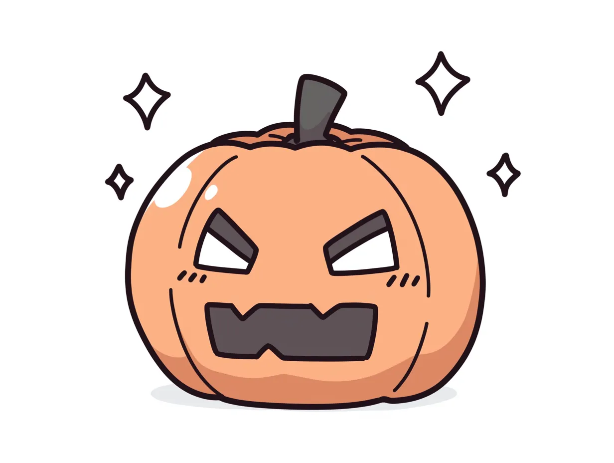 ハロウィン ジャック・オー・ランタン／怒り顔の強気ジャック｜キリッとした眉のような目元と怒った口元が特徴の表情豊かなジャック。赤みの強い色調とアニメ的なハイライトでコミカルながら力強い雰囲気です。