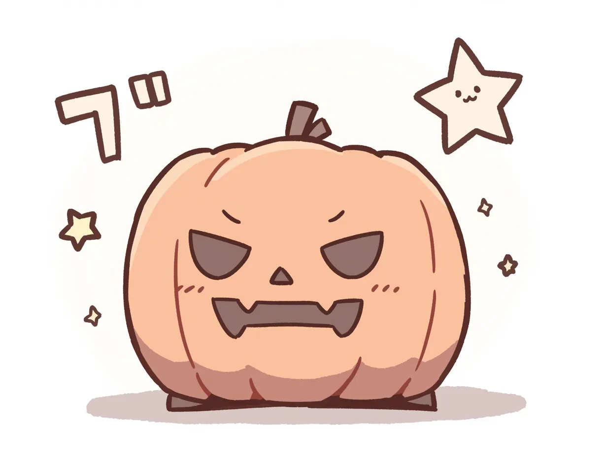 ハロウィン ジャック・オー・ランタン／ブーッと怒る平たいかぼちゃ｜平べったいかぼちゃに怒った顔をあしらい、ユーモラスでかわいいデザインに。星の飾りや「ブ」の文字が、コミカルな演出を盛り上げています。