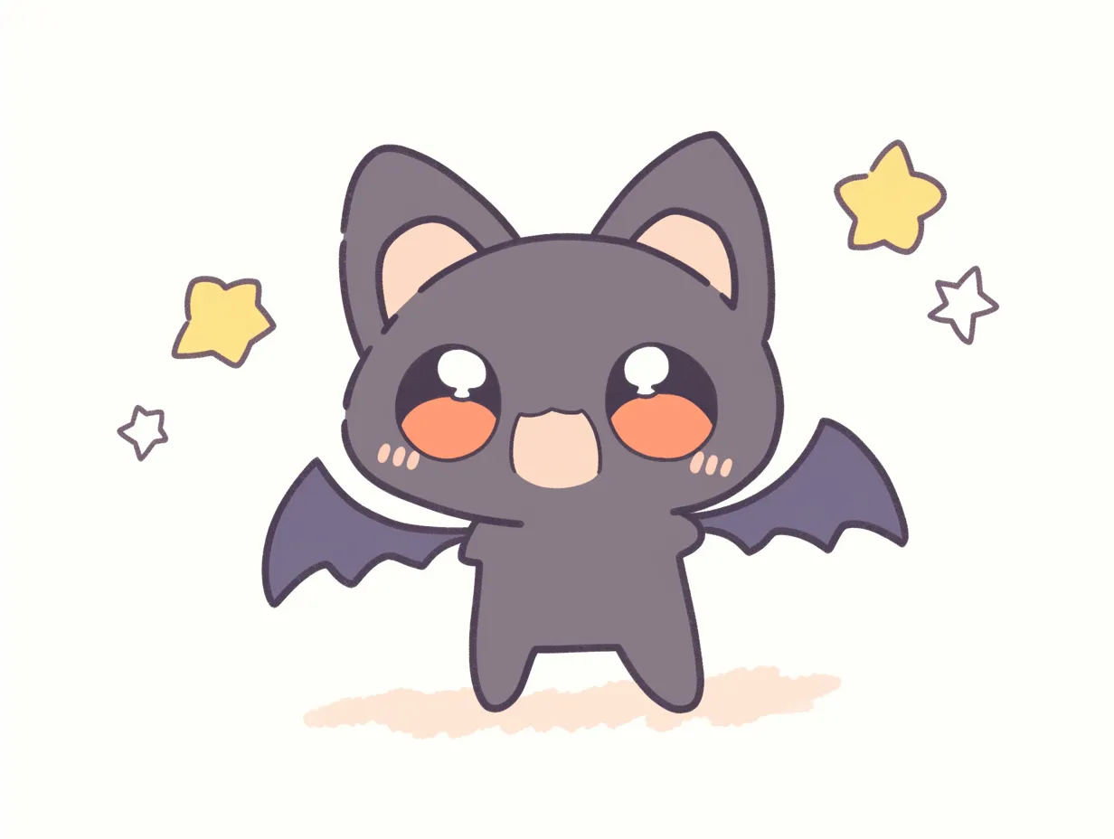 ハロウィンコウモリ／星に囲まれた笑顔コウモリ｜キラキラ星に囲まれて元気に立つコウモリが主役。ほっぺの赤みやうるうるの瞳が印象的で、やさしい線とパステル調カラーが可愛らしさを引き立てます。