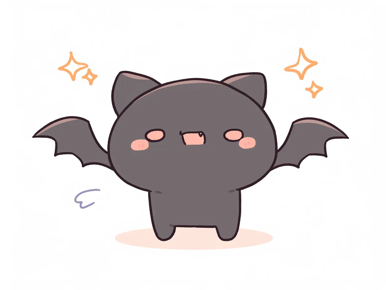 ハロウィンコウモリ／きらきら見上げるコウモリ｜くりっとした目と小さな口元がチャームポイント。バランスのよいフォルムと淡い背景が、安心感とふんわりした癒しを感じさせるやさしいタッチです。