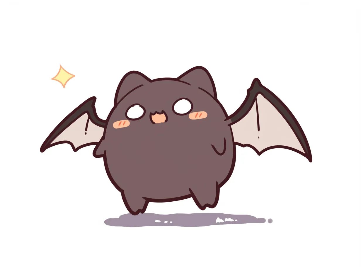 ハロウィンコウモリ／まるまる飛行ポーズコウモリ｜羽を広げたコウモリが空を舞う姿を正面から描いた構図。全体に丸みを帯びた形状とふんわりした影で、躍動感がありつつもやわらかく描かれています。