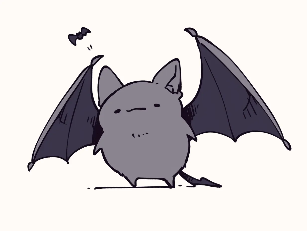 ハロウィンコウモリ／モノトーンのクールコウモリ｜ラフで少しシックなタッチのコウモリキャラ。黒〜紫を基調とした落ち着いた配色と、控えめな表情がミステリアスな空気を感じさせる仕上がりです。