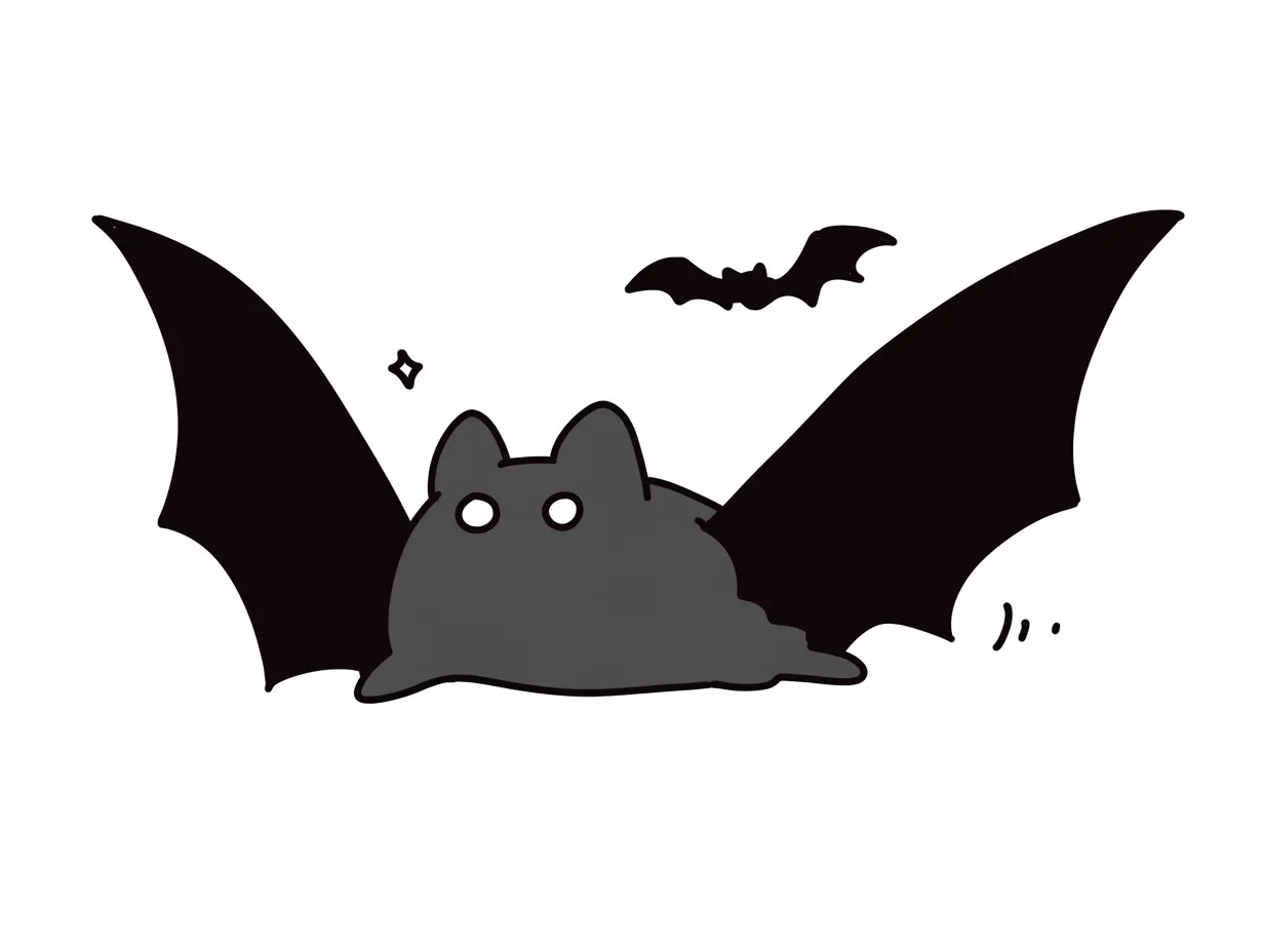 ハロウィンコウモリ／寝そべる影のコウモリ｜体をぺたりと床につけたポーズのユニークなコウモリ。大きな羽と極端にデフォルメされた形が印象的で、シンプルかつ個性的な構図になっています。