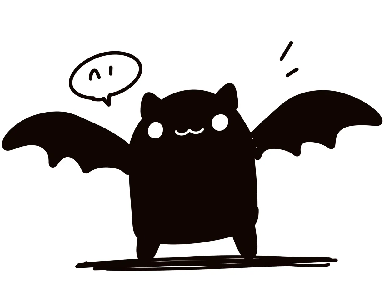 ハロウィンコウモリ／シルエット風のにこにこコウモリ｜黒のシルエットで描かれたコウモリが、笑顔で立って「Hi」と挨拶。最小限の描写でかわいさと親しみを表現した、ラフだけど魅力あるデザインです。