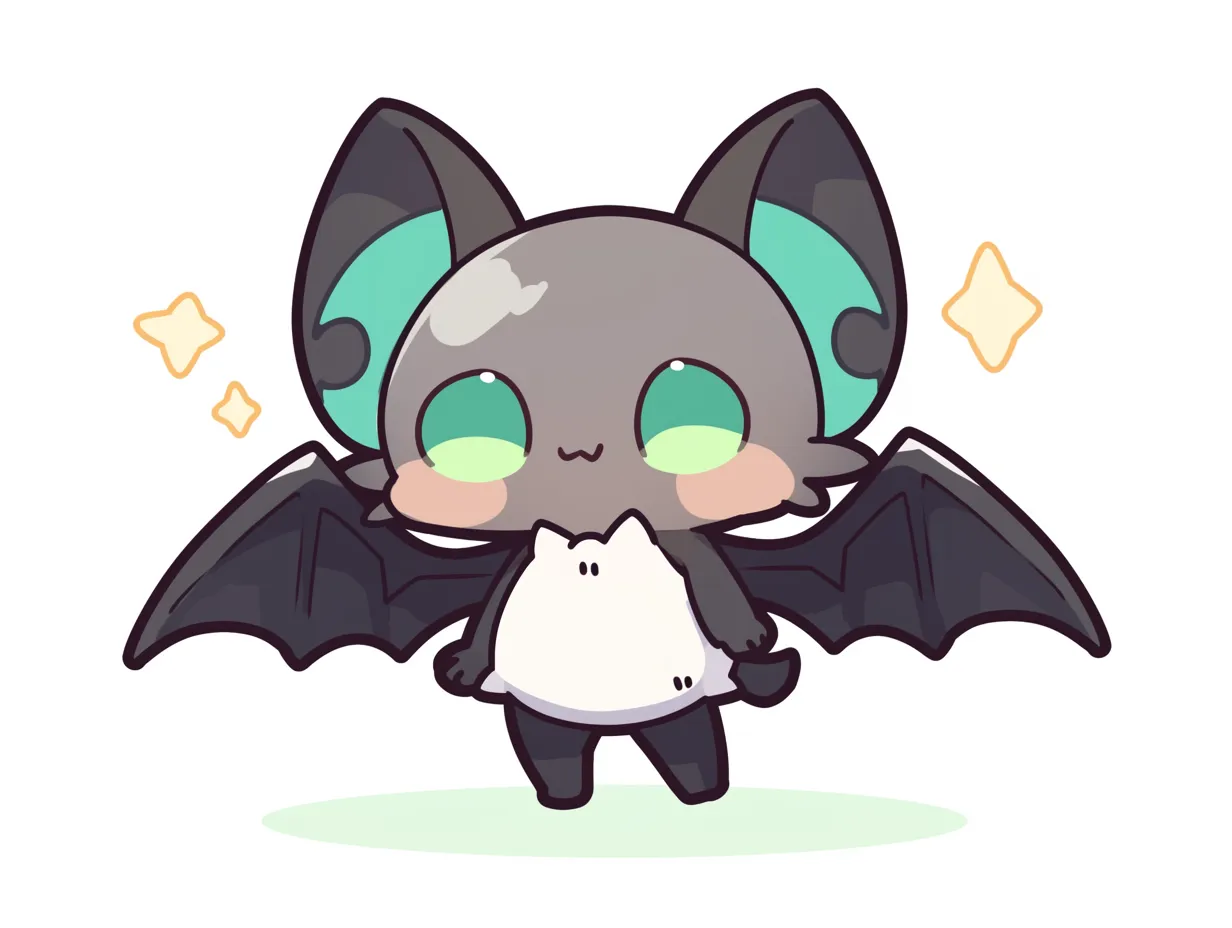 ハロウィンコウモリ／エメラルド瞳のキュートコウモリ｜大きなエメラルドグリーンの瞳が目を引く、個性的なデザインのコウモリ。カラフルな耳とおなかの模様もポイントで、ポップかつ幻想的な雰囲気です。