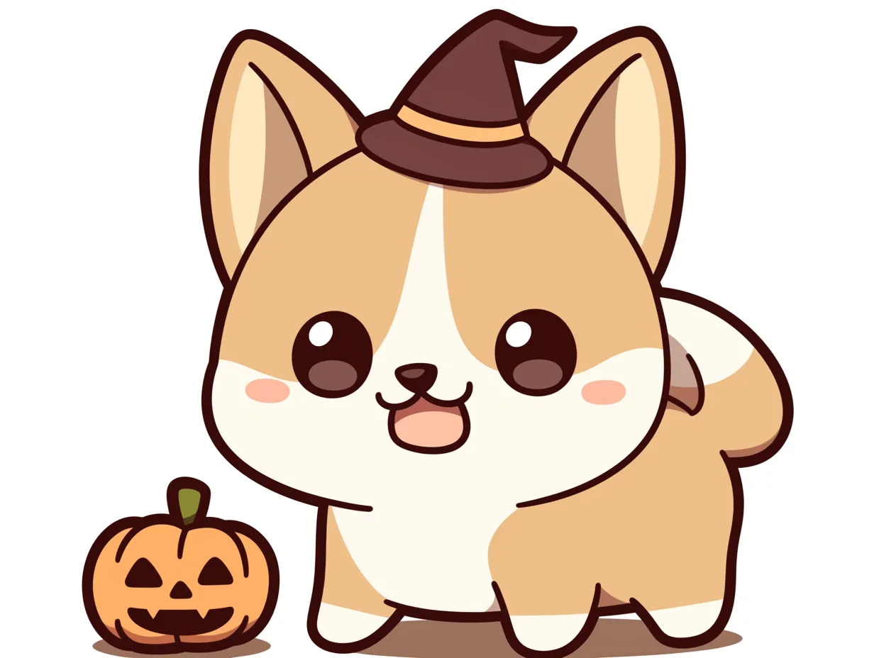 ハロウィン犬／とんがり帽子とカボチャコーギー｜魔女帽子をかぶったコーギーが笑顔で立つ、愛らしさ満点の一枚。オレンジのかぼちゃとの組み合わせが秋らしく、やわらかい線とパステル調の色づかいが優しい雰囲気を演出します。