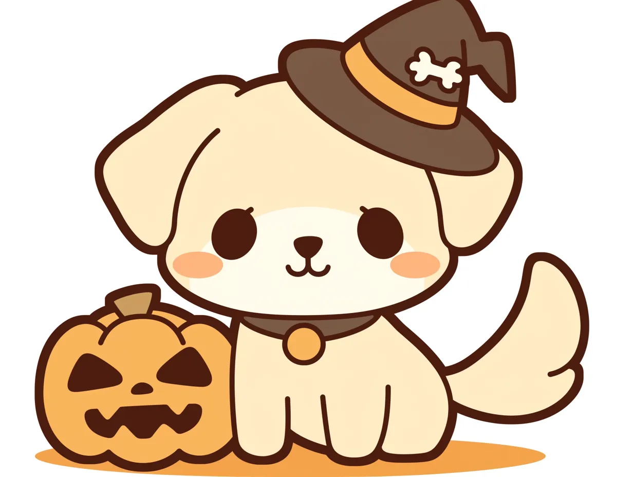 ハロウィン犬／骨飾り帽子のベージュ犬｜落ち着いた色味の犬が、骨モチーフの魔女帽子をかぶったスタイル。優しい色合いと大きな黒目が癒しの空気をまとい、ハロウィンらしい楽しいムードに包まれています。