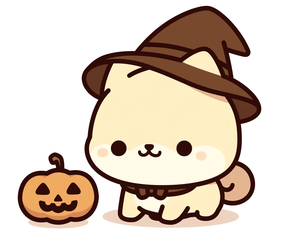 ハロウィン犬／ほっぺが愛らしいこぐま犬｜まるっとした体と控えめな表情がかわいい、くまっぽいフォルムの犬キャラ。帽子やかぼちゃも含め全体にまとまりがあり、バランスのよいデフォルメ構図が特徴です。