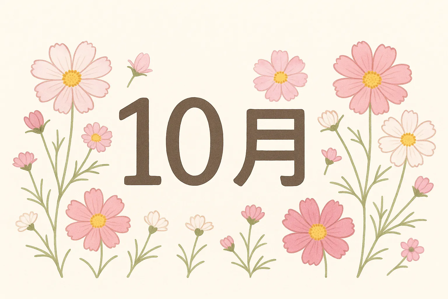 10月花・可憐なコスモス咲き誇る季節｜ピンクと白のコスモスがふんわりと囲む、柔らかな雰囲気の10月デザイン。軽やかな線とやさしい色彩が、秋の可憐さを引き立てます。