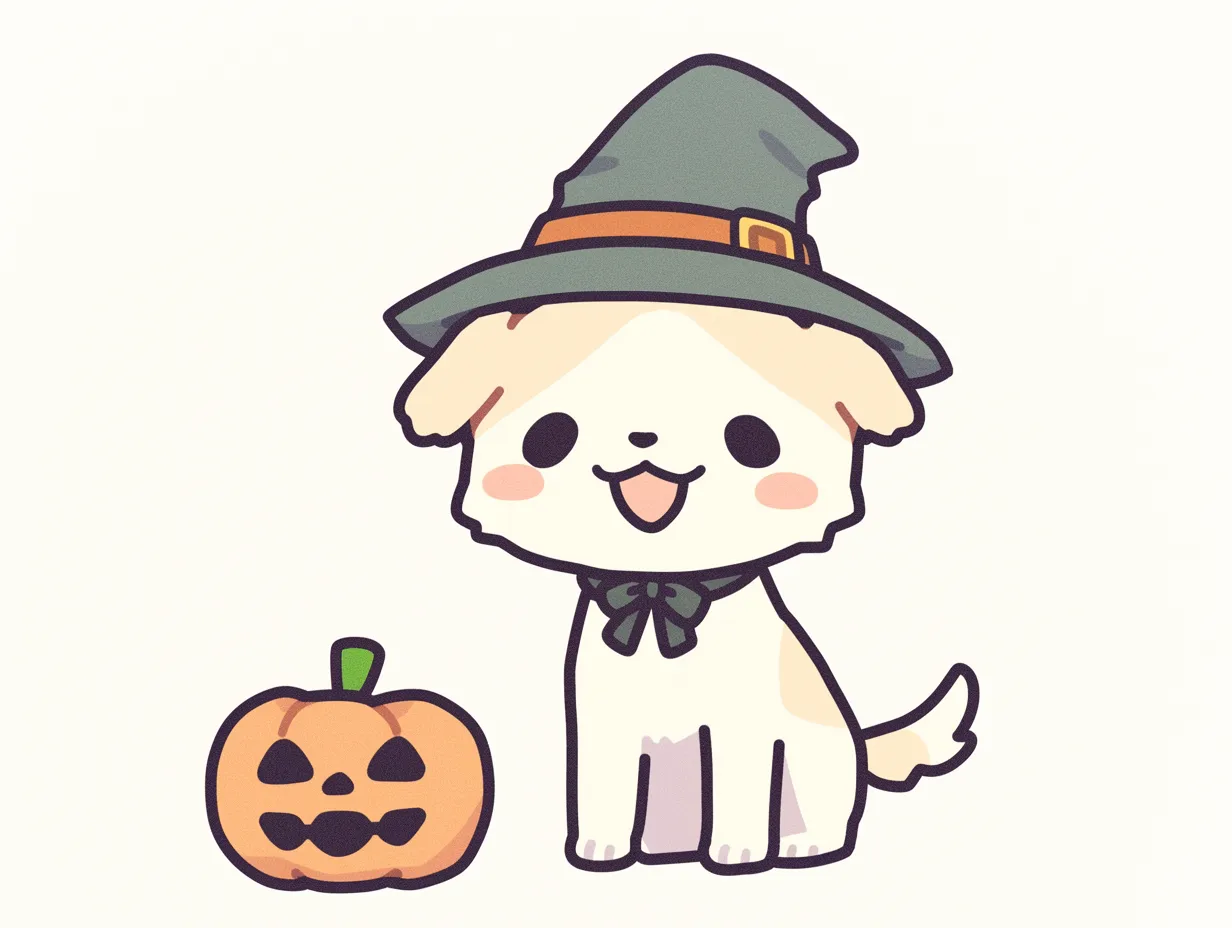 ハロウィン犬／リボンつき帽子の白わんこ｜白を基調にしたシンプルな配色が魅力の犬キャラ。緑の魔女帽子と大きめのリボンがアクセントとなり、素朴でありながら上品さも感じるやさしい画風です。