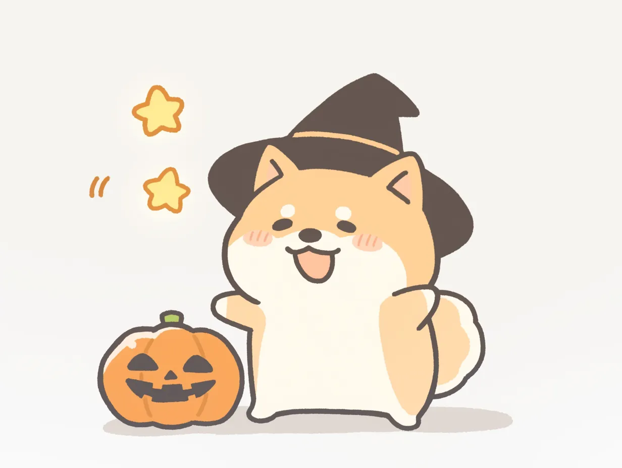 ハロウィン犬／手を上げた柴犬と星の魔法｜魔女帽子をかぶり、片手を上げた柴犬が元気いっぱいに登場。きらきら星やかぼちゃとともに、動きのある構図とほんのりした色彩で楽しさと温もりを伝えます。