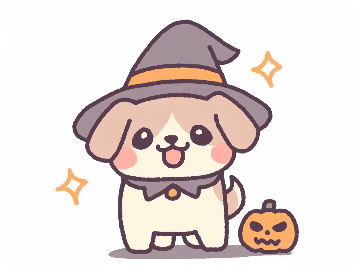 ハロウィン犬／きらめく魔女犬とミニかぼちゃ｜紫帽子と襟飾りが特徴のわんこが、キラリとしたエフェクトとともに立つかわいらしい姿。ポップでややレトロな色合いが、親しみやすさを引き立てます。