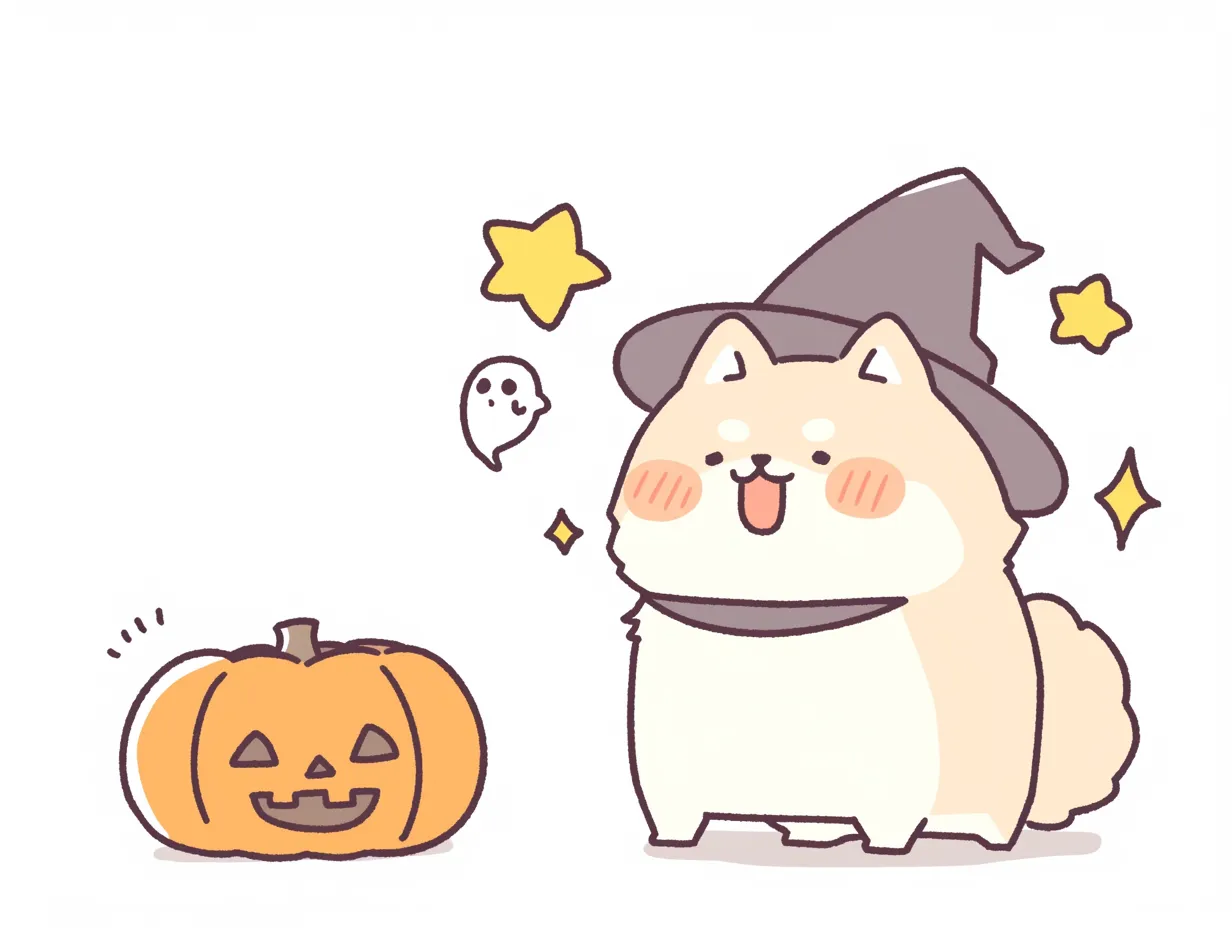 ハロウィン犬／おばけと星に囲まれた柴犬｜かぼちゃ・星・おばけが犬のまわりを飾るにぎやかな構成。デフォルメされた柴犬の表情がほんわかしており、親しみやすく明るいハロウィンを表現しています。