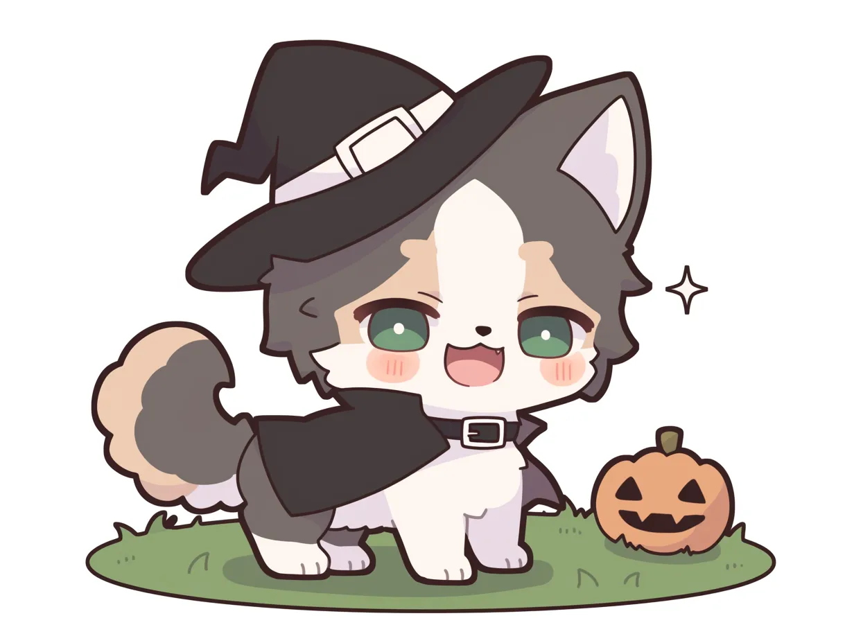ハロウィン犬／マント姿のグリーンアイ犬｜黒いマントととんがり帽子でしっかり仮装した犬キャラ。緑の瞳が印象的で、芝生やかぼちゃも含めた構図は、物語性と完成度の高い1シーンに仕上がっています。