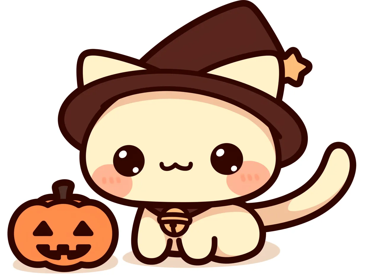 ハロウィン猫とほっぺぷにぷに魔法使い｜まんまる顔とぷっくりほっぺが魅力のハロウィン猫。星飾り付きのとんがり帽子とカボチャの組み合わせが、キュートな魔法の世界を演出。