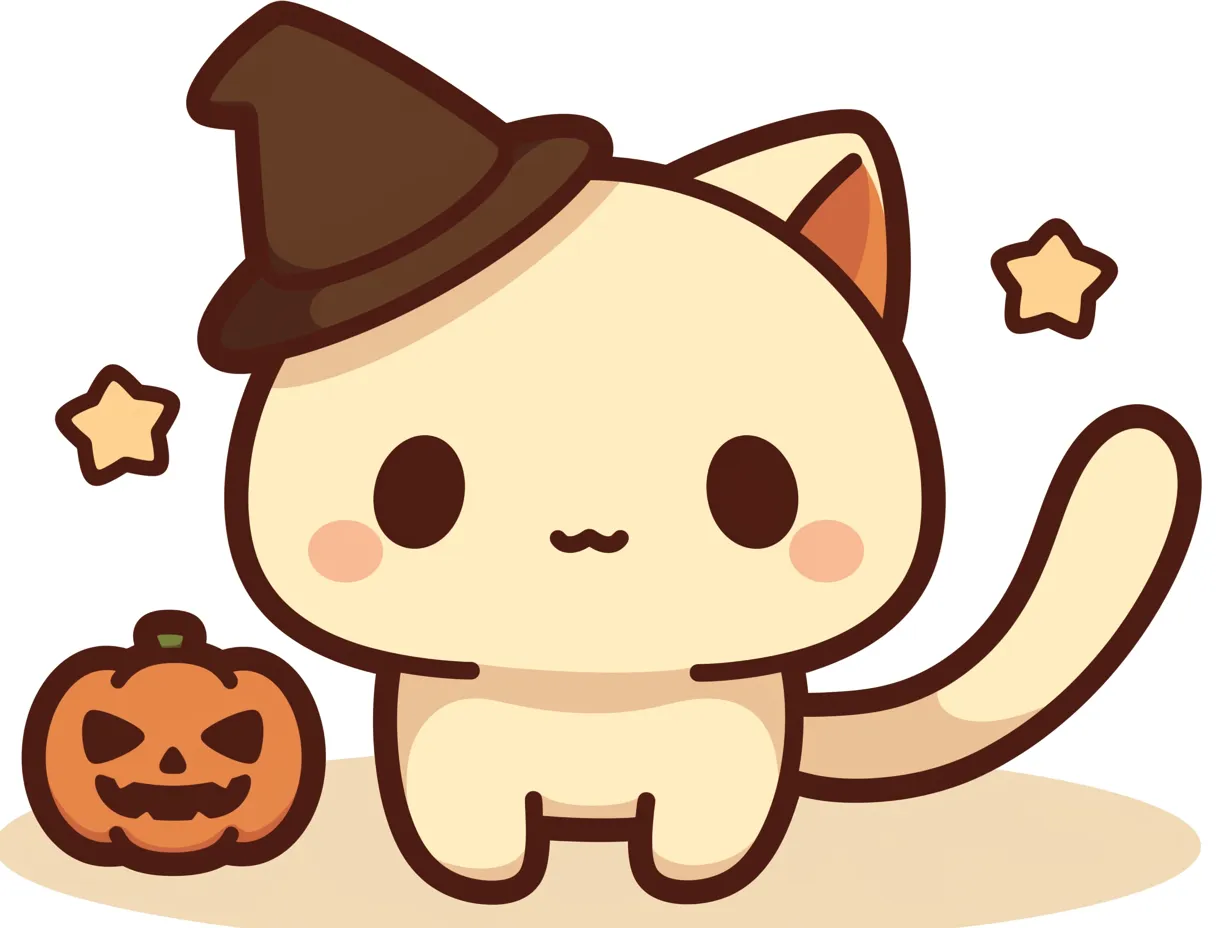 ハロウィン猫とにっこりカボチャ｜素朴であどけない表情が愛らしいハロウィン猫。茶色い帽子とやんちゃなカボチャがハロウィンらしいほのぼの感を与えるイラスト。