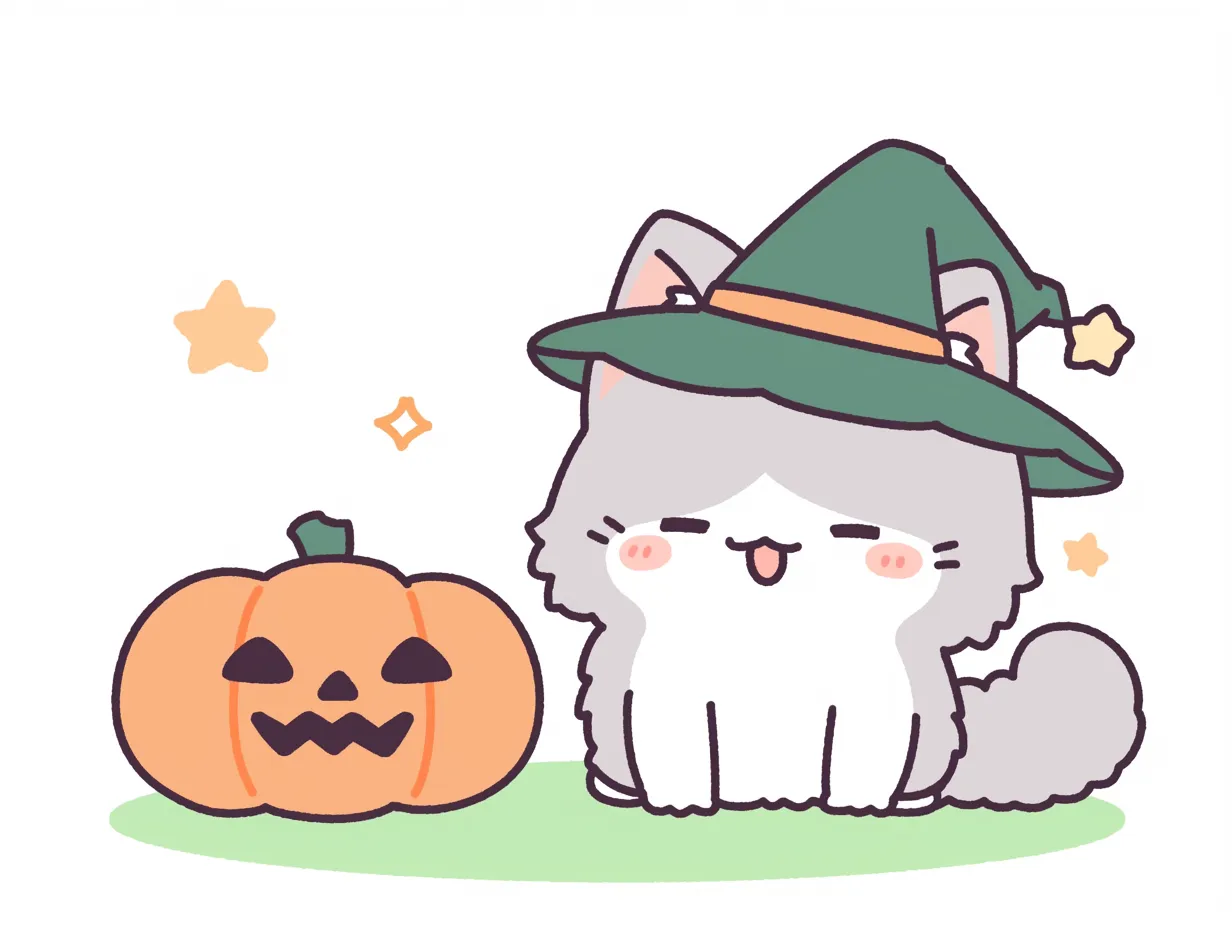 ハロウィン猫とふわふわグレー魔女｜ふわふわの毛並みと落ち着いた配色が印象的なハロウィン猫。緑の帽子と星モチーフが優しい魔女の雰囲気を醸し出している。