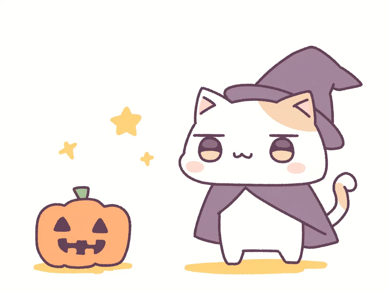 ハロウィン猫とマントのいたずら魔法使い｜いたずらっぽい表情のハロウィン猫が魅力。マント姿と黄色の星がアクセントになり、ハロウィンらしい冒険心があふれる構成。