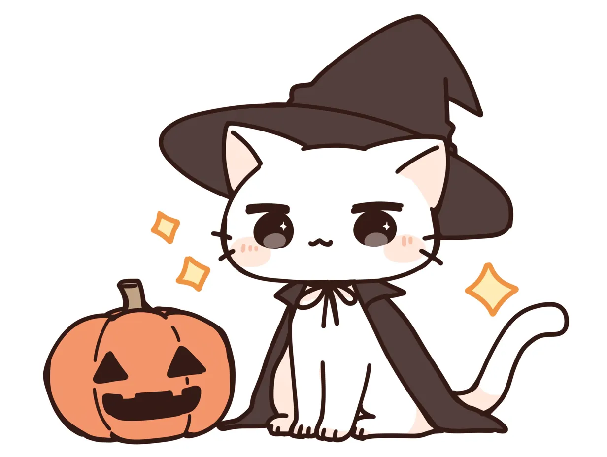 ハロウィン猫とシンプルマントスタイル｜黒いとんがり帽子とマントに身を包んだ白猫が主役。クールな表情とシャープな線が、スタイリッシュな魔法使いの雰囲気を演出。