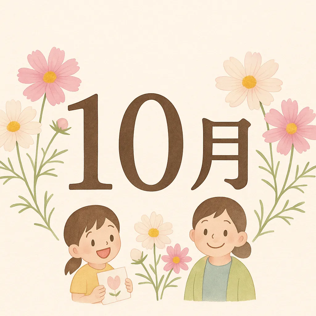 10月花・コスモスと親子のあたたかさ｜笑顔の親子と秋桜がやさしく囲む構図が心温まる一枚。淡いトーンと柔らかな表情で、感謝やぬくもりをやさしく伝える10月の花の風景です。